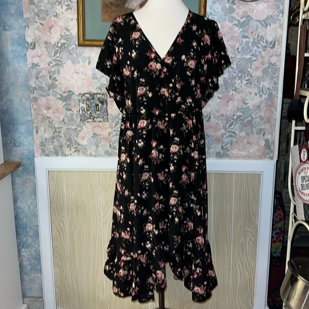 2X Women's Black & Floral Print Flow Dress by Kara & Kate New
